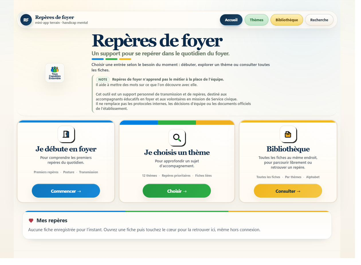 Capture d&rsquo;&eacute;cran de la page d&rsquo;accueil de l&rsquo;application Rep&egrave;res de foyer, avec ses trois entr&eacute;es&nbsp;: je d&eacute;bute en foyer, je choisis un th&egrave;me, biblioth&egrave;que.